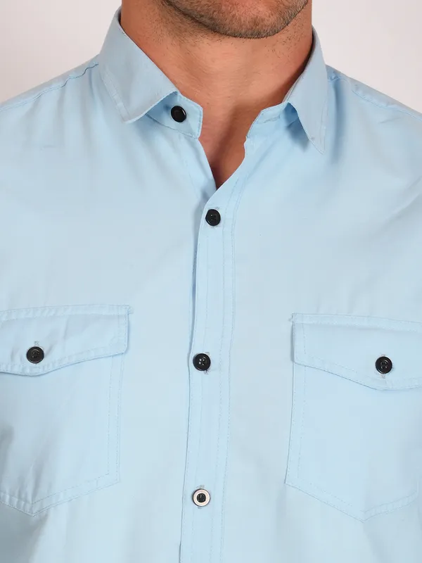 Aqua_Blue_Trendy_Design_Premium_Cotton_Double_Pocket_Shirt_For_Men