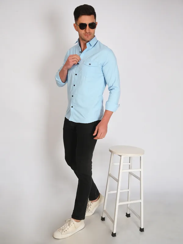Aqua_Blue_Trendy_Design_Premium_Cotton_Double_Pocket_Shirt_For_Men