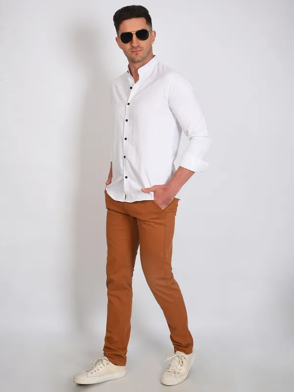 White_Trendy_Design_Mandarin_Collar_Cotton_Blend_Solid_Shirt_For_Men