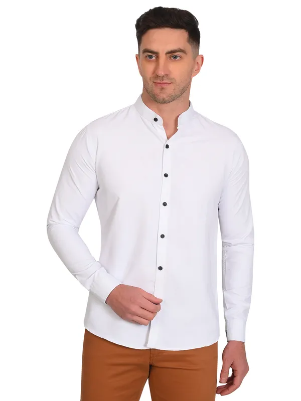 White_Trendy_Design_Mandarin_Collar_Cotton_Blend_Solid_Shirt_For_Men