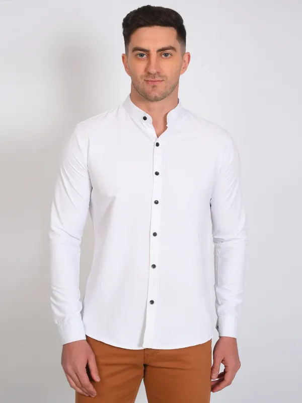White_Trendy_Design_Mandarin_Collar_Cotton_Blend_Solid_Shirt_For_Men