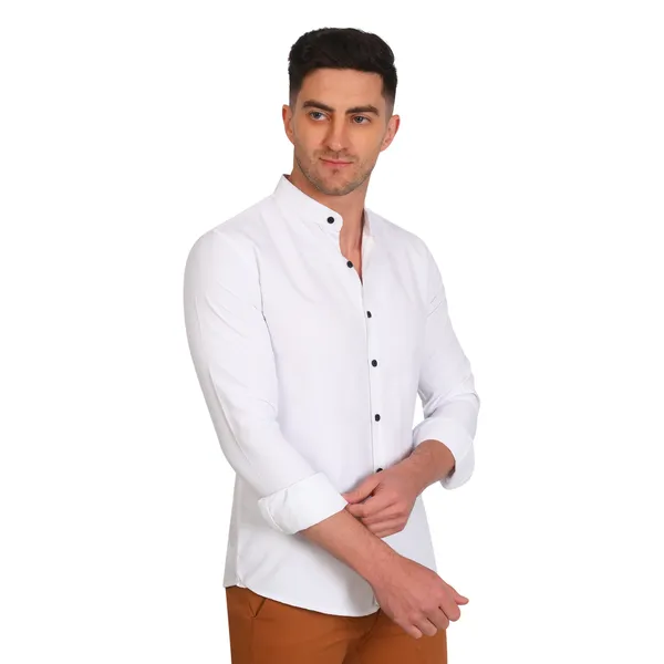 White_Trendy_Design_Mandarin_Collar_Cotton_Blend_Solid_Shirt_For_Men