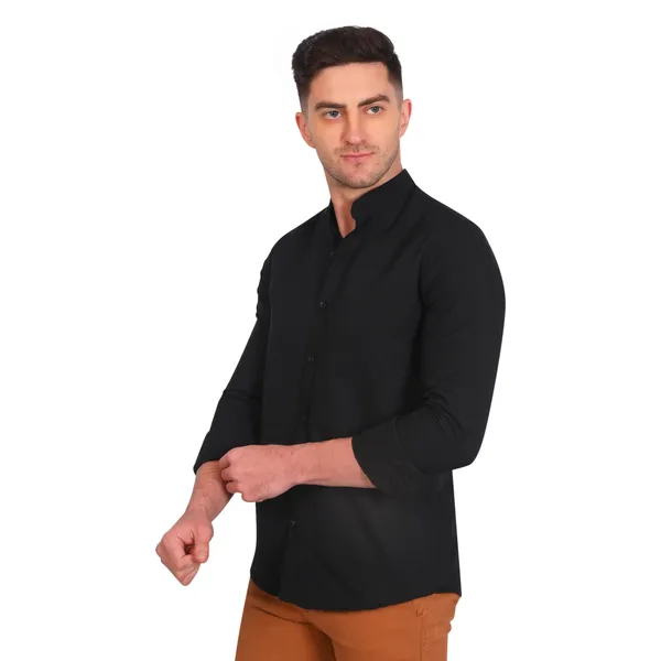 Black_Trendy_Design_Mandarin_Collar_Solid_Shirt_For_Men