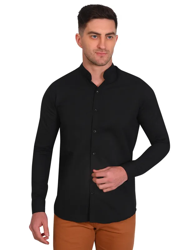 Black_Trendy_Design_Mandarin_Collar_Solid_Shirt_For_Men