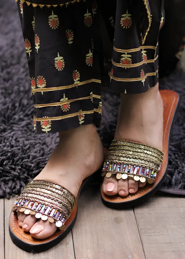 Urbanico_African_Beads_Slipon_Sliders_||_Women_Sequin_Detail_Leather_Slides
