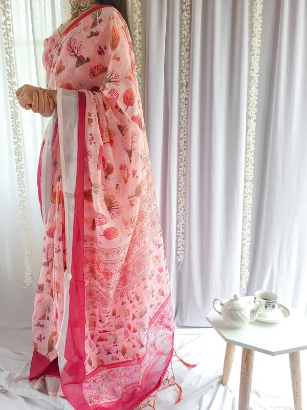 Blush_Pink_Handwoven_Linen_Saree_with_Vibrant_Autumn_Motifs_&_Tassel_Detailing