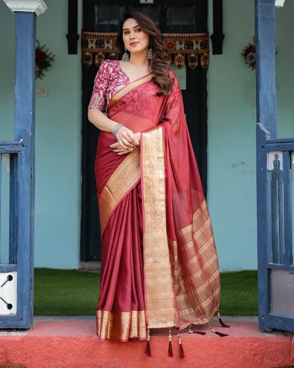 Elegant_Maroon_Plain_Chiffon_Saree_with_Gold_Border,_Printed_Blouse_&_Tassel_Detailing