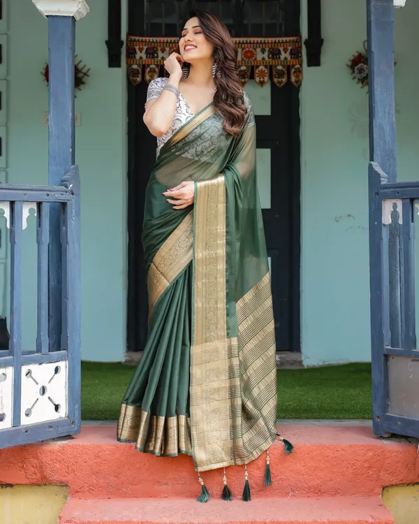 Elegant_Bottle_Green_Plain_Chiffon_Saree_with_Gold_Zari_Border,_Floral_Printed_Blouse_&_Tassel_Finishing