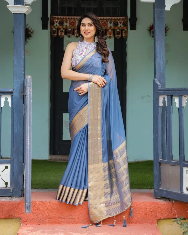 Serene_Steel_Blue_Plain_Chiffon_Saree_with_Gold_Zari_Border,_Floral_Printed_Blouse_&_Tassel_Detailing