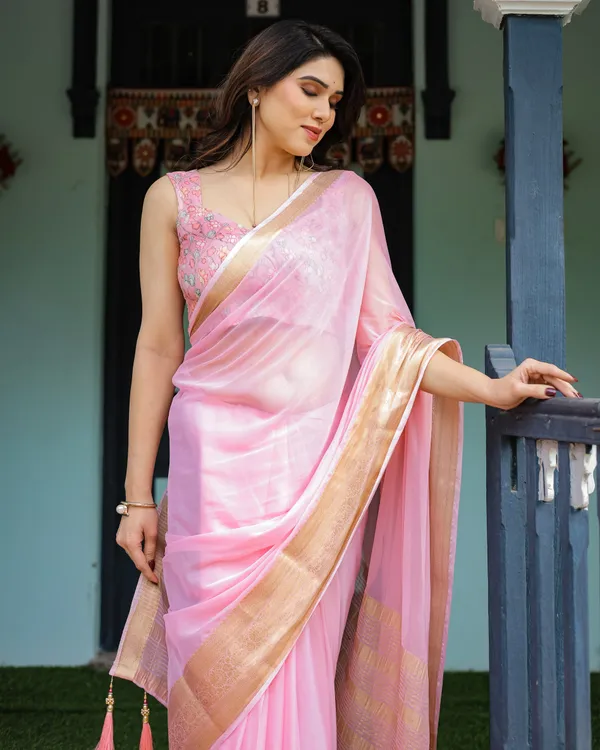 Blush_Pink_Plain_Chiffon_Saree_with_Gold_Zari_Border,_Floral_Printed_Blouse_&_Tassel_Finishing
