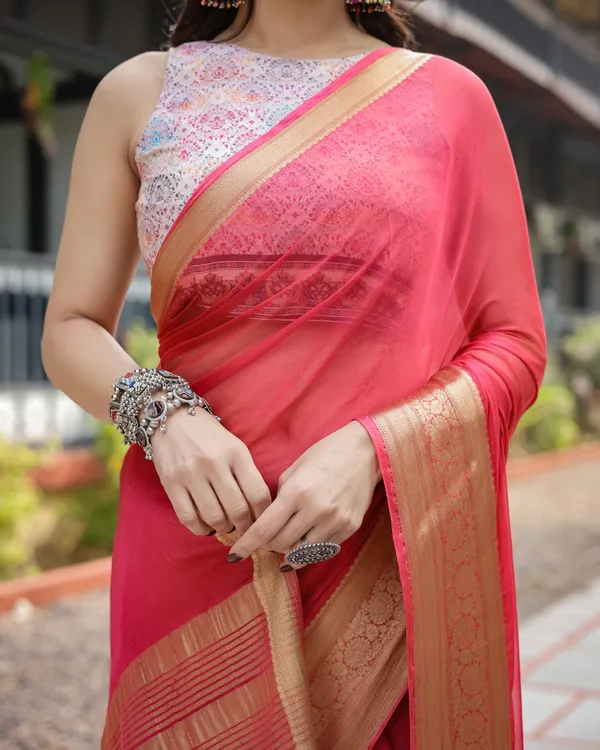 Radiant_Rose_Red_Plain_Chiffon_Saree_with_Gold_Zari_Border,_Intricate_Printed_Blouse_&_Tassel_Accents
