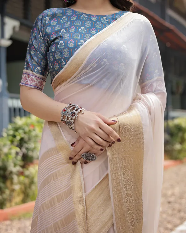 Ivory_White_Plain_Chiffon_Saree_with_Gold_Zari_Border,_Floral_Printed_Blouse_&_Tassel_Detailing