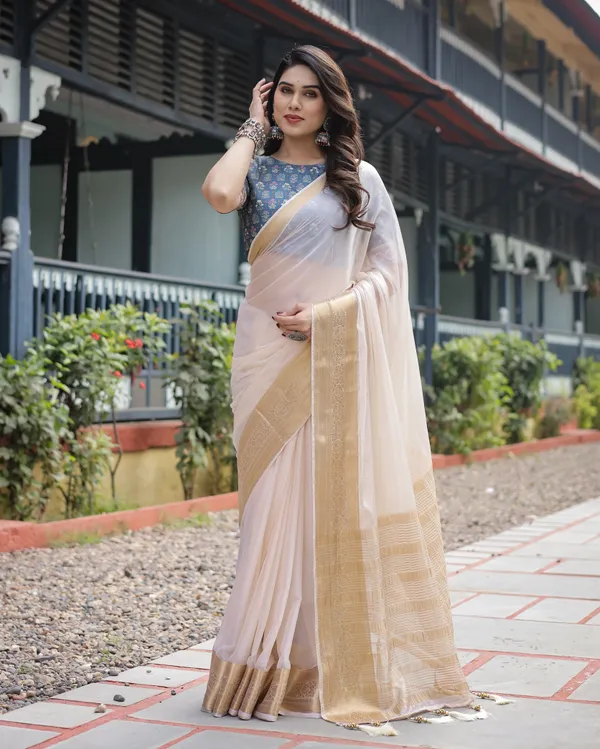 Ivory_White_Plain_Chiffon_Saree_with_Gold_Zari_Border,_Floral_Printed_Blouse_&_Tassel_Detailing