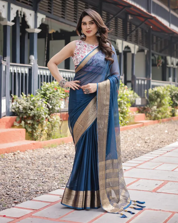 Deep_Navy_Blue_Plain_Chiffon_Saree_with_Gold_Zari_Border,_Floral_Printed_Blouse_&_Tassel_Accents