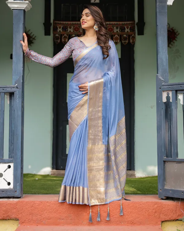 Sky_Blue_Plain_Chiffon_Saree_with_Gold_Zari_Border,_Geometric_Printed_Blouse_&_Tassel_Detailing