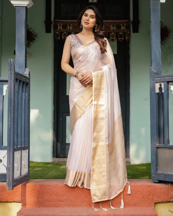 Ethereal_Off-White_Plain_Chiffon_Saree_with_Gold_Zari_Border,_Intricate_Floral_Printed_Blouse_&_Tassel_Detailing