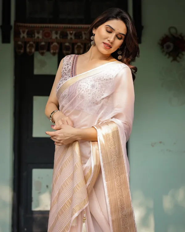 Ethereal_Off-White_Plain_Chiffon_Saree_with_Gold_Zari_Border,_Intricate_Floral_Printed_Blouse_&_Tassel_Detailing