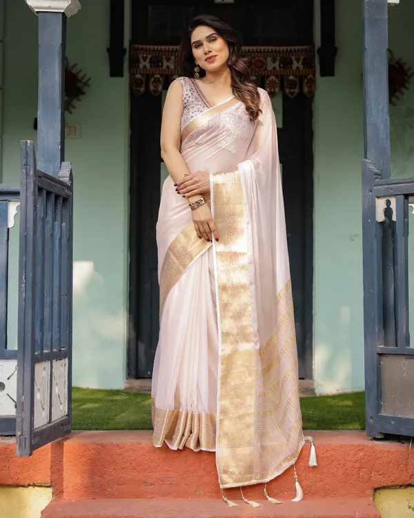Ethereal_Off-White_Plain_Chiffon_Saree_with_Gold_Zari_Border,_Intricate_Floral_Printed_Blouse_&_Tassel_Detailing