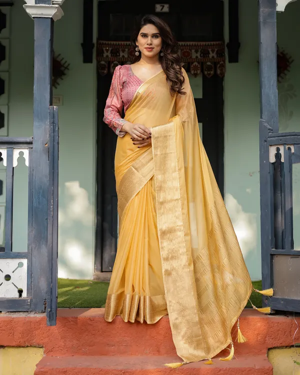 Radiant_Mustard_Yellow_Plain_Chiffon_Saree_with_Gold_Zari_Border,_Printed_Designer_Blouse_&_Tassel_Detailing