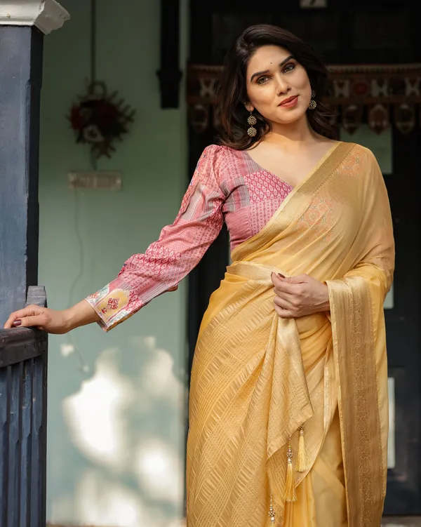 Radiant_Mustard_Yellow_Plain_Chiffon_Saree_with_Gold_Zari_Border,_Printed_Designer_Blouse_&_Tassel_Detailing