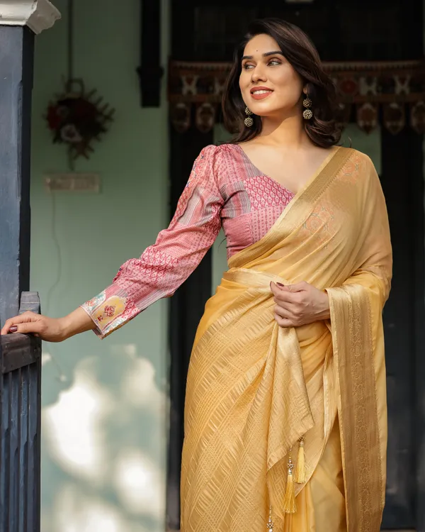 Radiant_Mustard_Yellow_Plain_Chiffon_Saree_with_Gold_Zari_Border,_Printed_Designer_Blouse_&_Tassel_Detailing