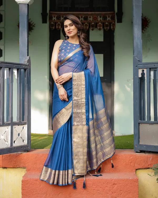 Royal_Blue_Plain_Chiffon_Saree_with_Gold_Zari_Border,_Geometric_Printed_Blouse_&_Tassel_Detailing