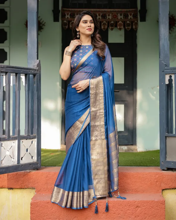 Royal_Blue_Plain_Chiffon_Saree_with_Gold_Zari_Border,_Geometric_Printed_Blouse_&_Tassel_Detailing