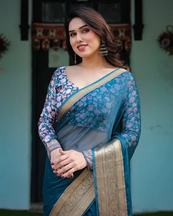Teal_Blue_Plain_Chiffon_Saree_with_Gold_Zari_Border,_Floral_Printed_Blouse_&_Tassel_Detailing