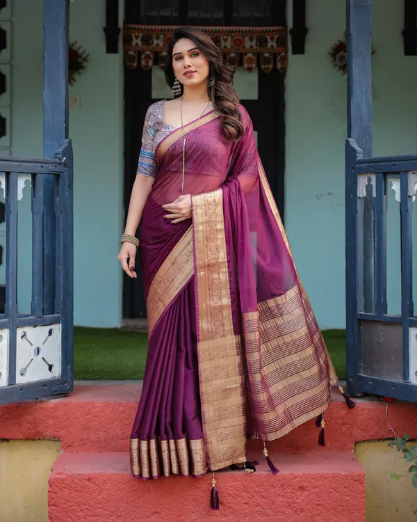 Majestic_Plum_Plain_Chiffon_Saree_with_Gold_Zari_Border,_Printed_Designer_Blouse_&_Tassel_Detailing