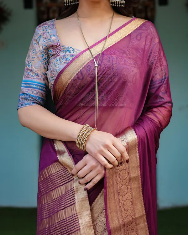 Majestic_Plum_Plain_Chiffon_Saree_with_Gold_Zari_Border,_Printed_Designer_Blouse_&_Tassel_Detailing
