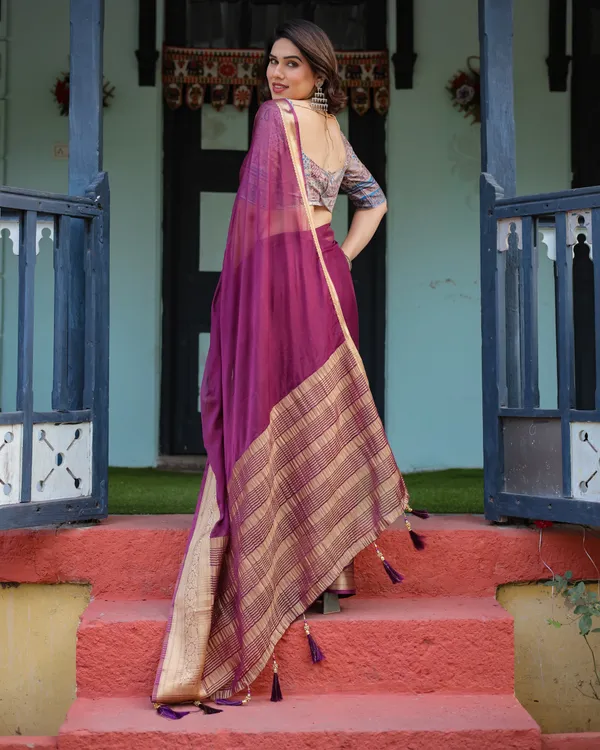 Majestic_Plum_Plain_Chiffon_Saree_with_Gold_Zari_Border,_Printed_Designer_Blouse_&_Tassel_Detailing
