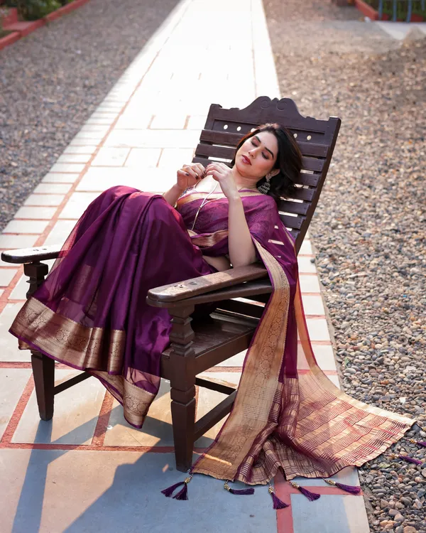 Majestic_Plum_Plain_Chiffon_Saree_with_Gold_Zari_Border,_Printed_Designer_Blouse_&_Tassel_Detailing