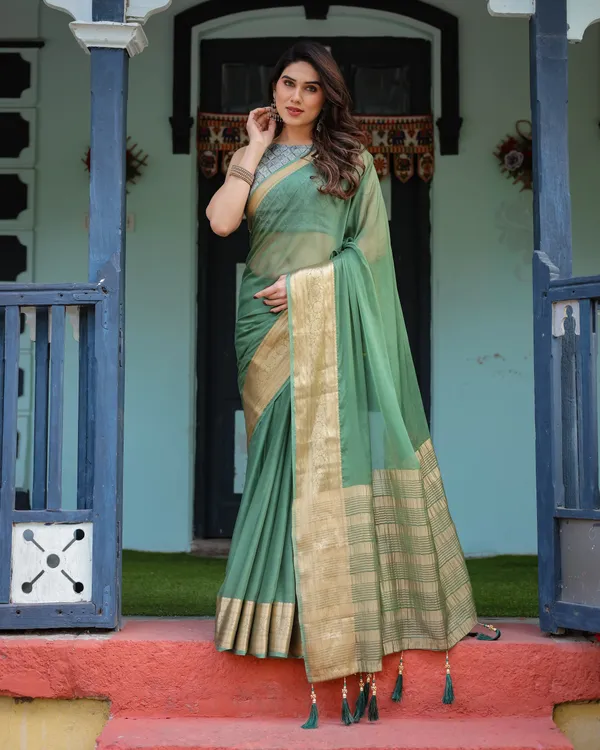 Mint_Green_Plain_Chiffon_Saree_with_Gold_Zari_Border,_Geometric_Printed_Blouse_&_Tassel_Detailing