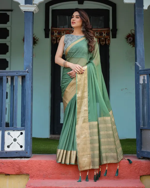 Mint_Green_Plain_Chiffon_Saree_with_Gold_Zari_Border,_Geometric_Printed_Blouse_&_Tassel_Detailing