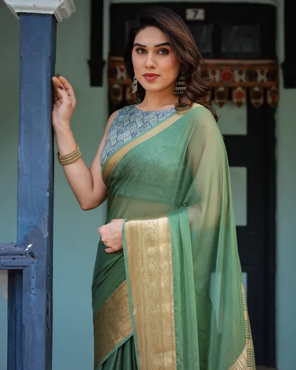 Mint_Green_Plain_Chiffon_Saree_with_Gold_Zari_Border,_Geometric_Printed_Blouse_&_Tassel_Detailing