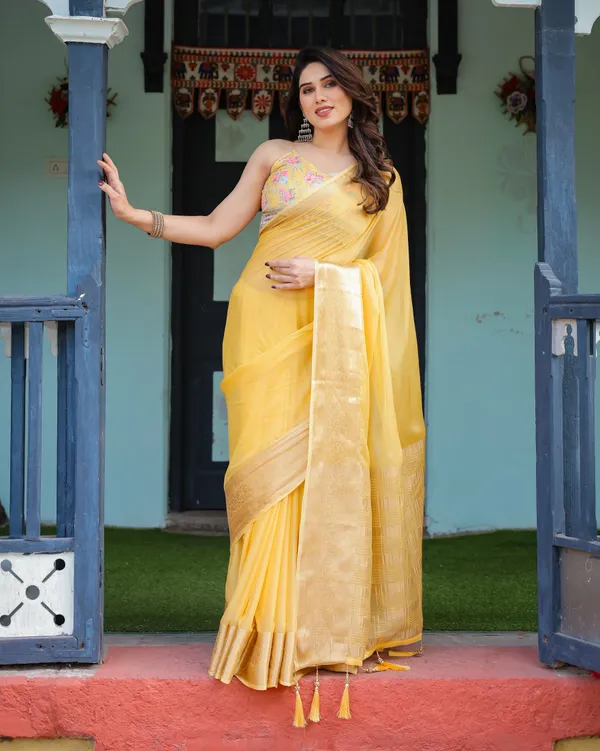 Golden_Yellow_Plain_Chiffon_Saree_with_Gold_Zari_Border,_Floral_Printed_Blouse_&_Tassel_Detailing