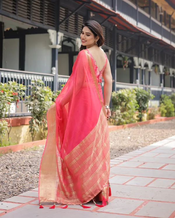 Flamingo_Pink_Plain_Chiffon_Saree_with_Gold_Zari_Border,_Patterned_Blouse_&_Tassel_Detailing