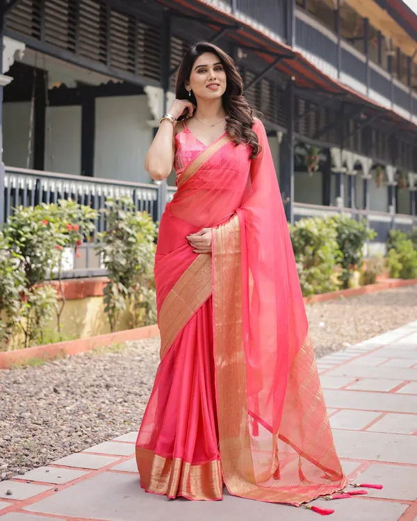 Flamingo_Pink_Plain_Chiffon_Saree_with_Gold_Zari_Border,_Patterned_Blouse_&_Tassel_Detailing