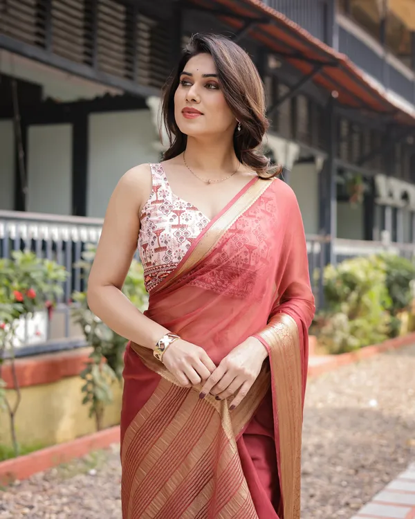 Elegant_Maroon_Plain_Chiffon_Saree_with_Gold_Zari_Border,_Designer_Printed_Blouse_&_Tassel_Detailing