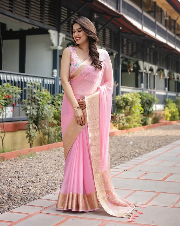Soft_Baby_Pink_Plain_Chiffon_Saree_with_Gold_Zari_Border,_Geometric_Embroidered_Blouse_&_Tassel_Detailing