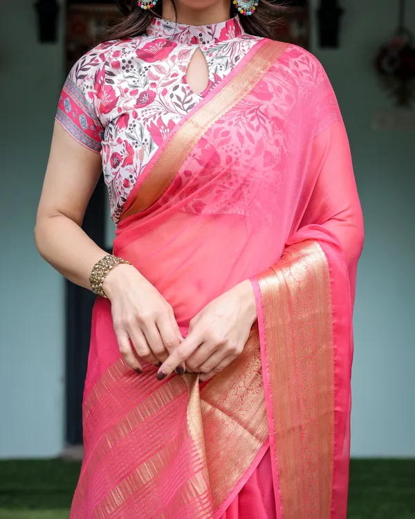 Raspberry_Pink_Plain_Chiffon_Saree_with_Gold_Zari_Border,_High-Neck_Floral_Printed_Blouse_&_Tassel_Detailing