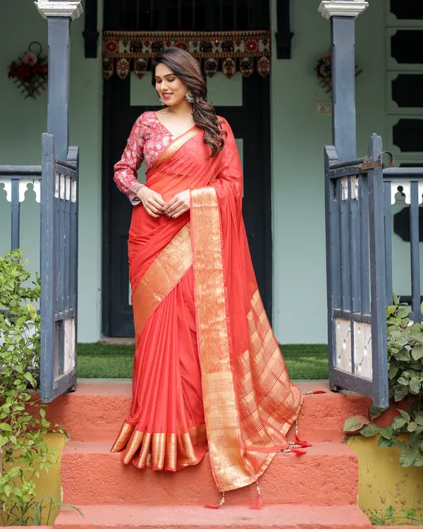 Fiery_Red_Plain_Chiffon_Saree_with_Gold_Zari_Border,_Full-Sleeve_Floral_Blouse_&_Tassel_Detailing