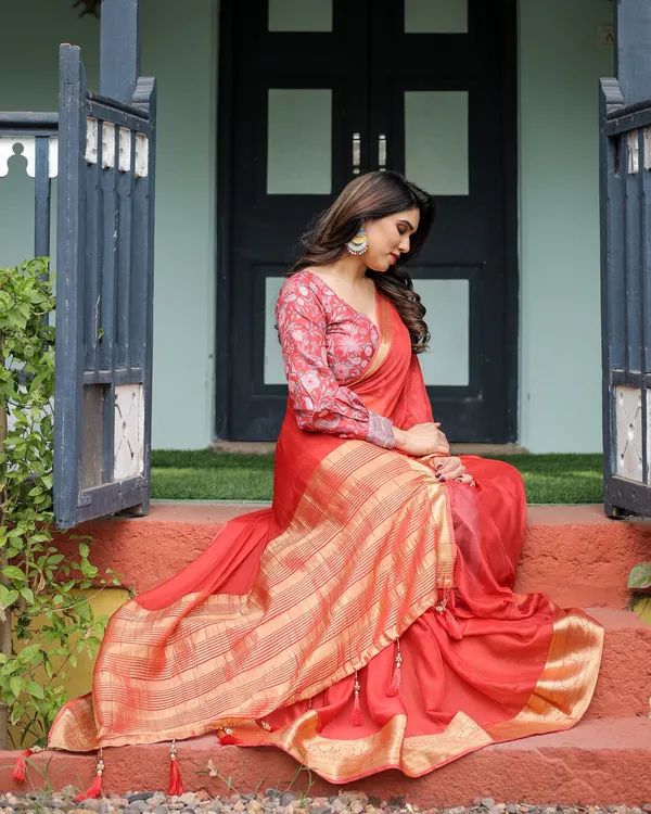 Fiery_Red_Plain_Chiffon_Saree_with_Gold_Zari_Border,_Full-Sleeve_Floral_Blouse_&_Tassel_Detailing