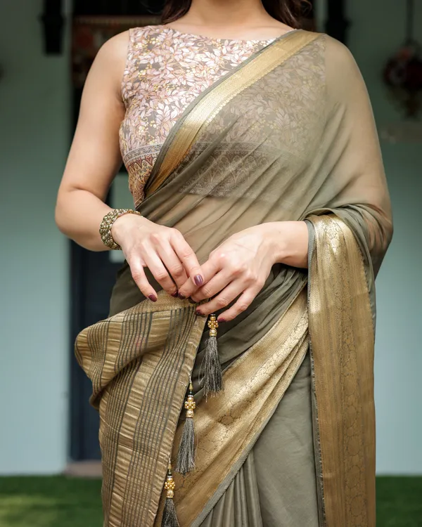 Olive_Green_Sheer_Chiffon_Saree_with_Gold_Zari_Border_and_Floral_Designer_Blouse