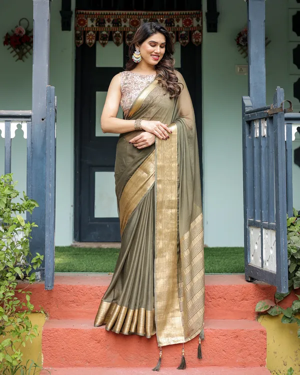 Olive_Green_Sheer_Chiffon_Saree_with_Gold_Zari_Border_and_Floral_Designer_Blouse