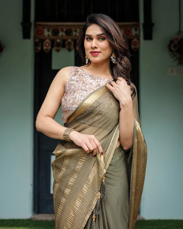 Olive_Green_Sheer_Chiffon_Saree_with_Gold_Zari_Border_and_Floral_Designer_Blouse