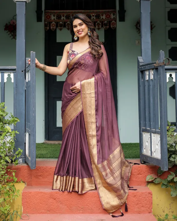 Plum_Sheer_Chiffon_Saree_with_Golden_Zari_Border_and_Floral_Designer_Blouse