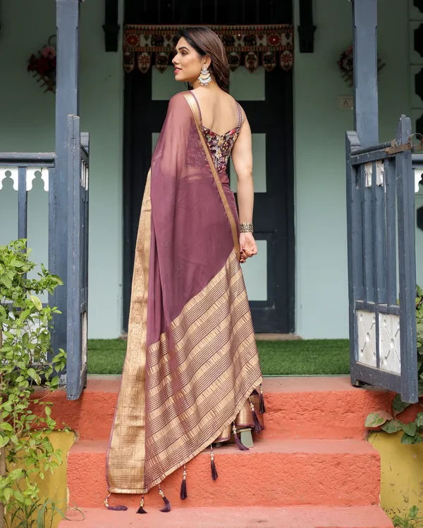 Plum_Sheer_Chiffon_Saree_with_Golden_Zari_Border_and_Floral_Designer_Blouse
