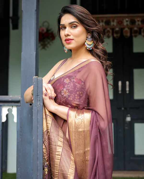 Plum_Sheer_Chiffon_Saree_with_Golden_Zari_Border_and_Floral_Designer_Blouse