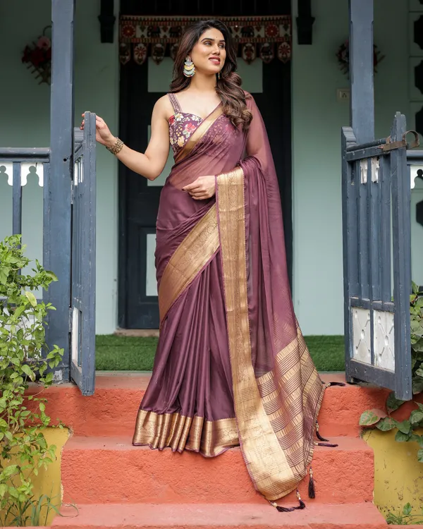 Plum_Sheer_Chiffon_Saree_with_Golden_Zari_Border_and_Floral_Designer_Blouse